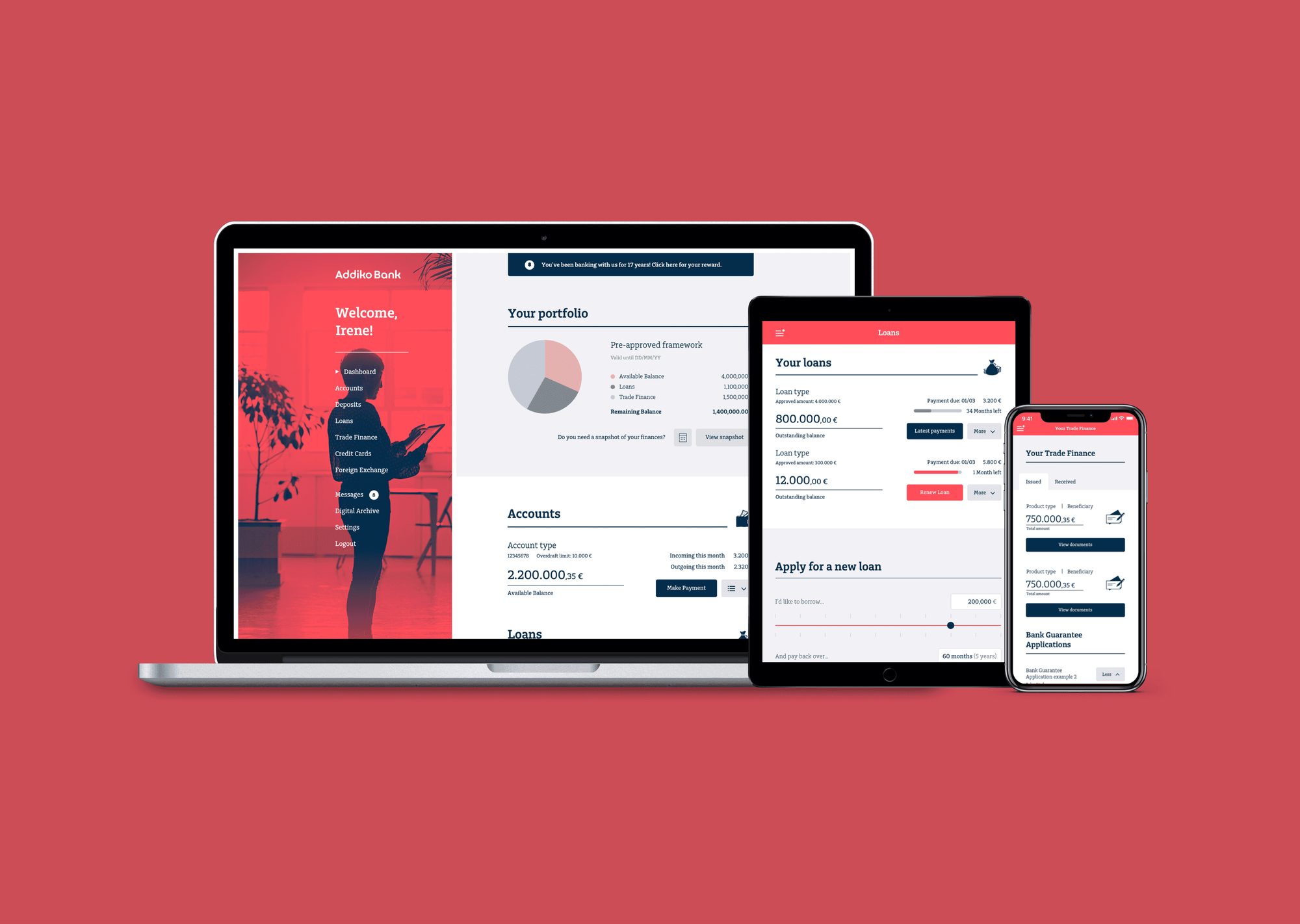 Addiko Bank's online business banking dashboard, loans and trade finance screens on desktop, tablet and mobile.