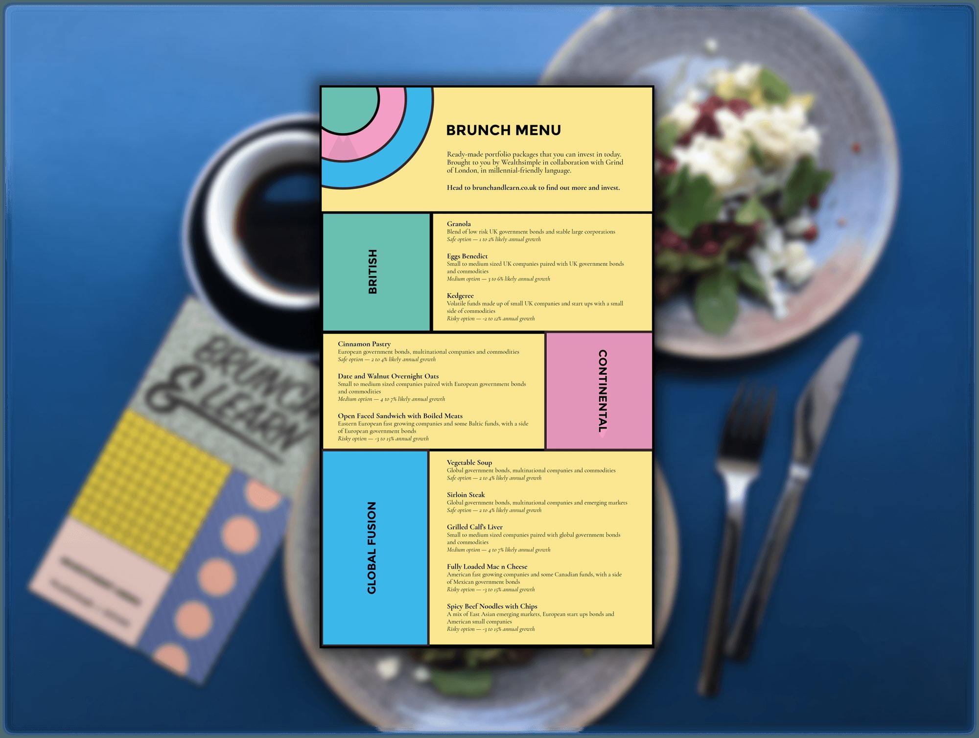 A row of 'Brunch & Learn' posters, in teal, pink and yellow, along a London Underground tunnel wall.