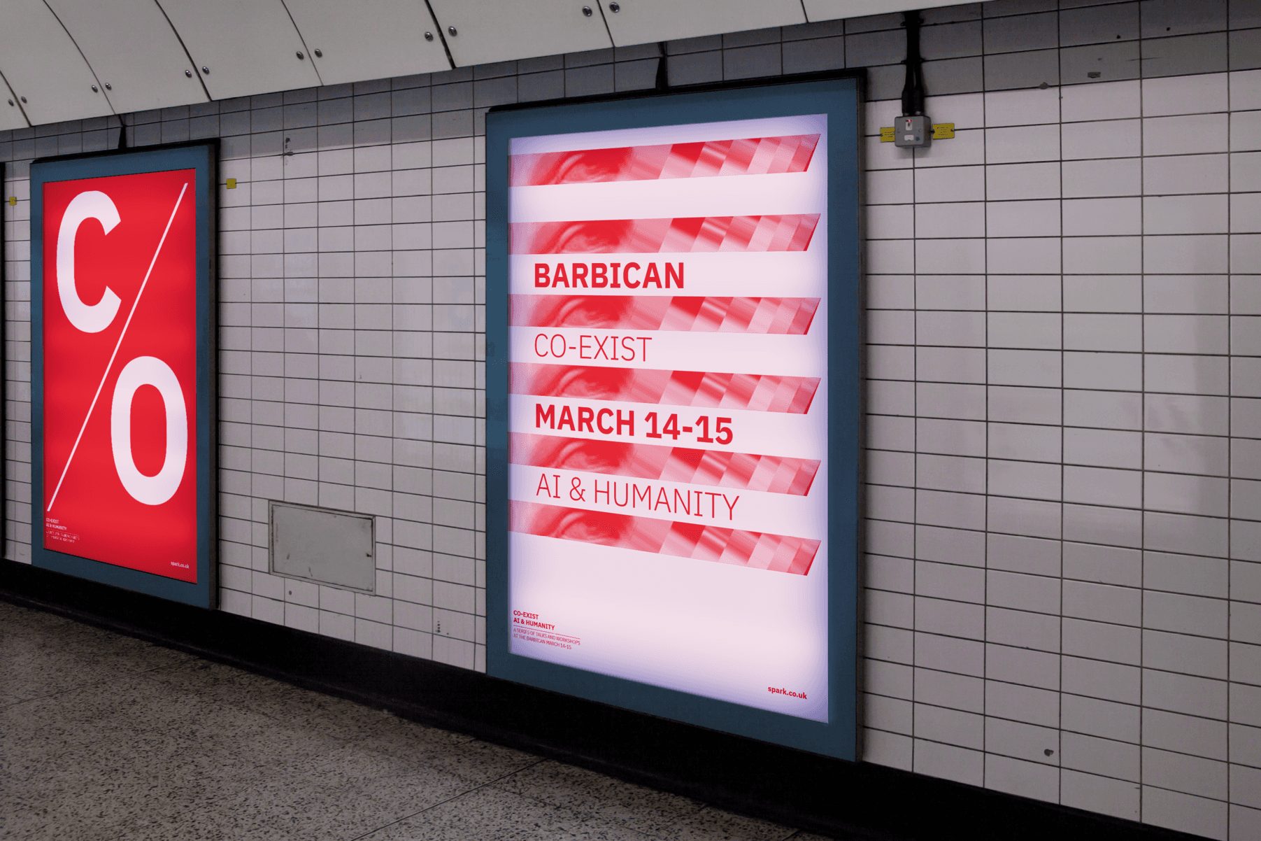 Co-Exist conference posters displayed on the London Underground at Barbican station.