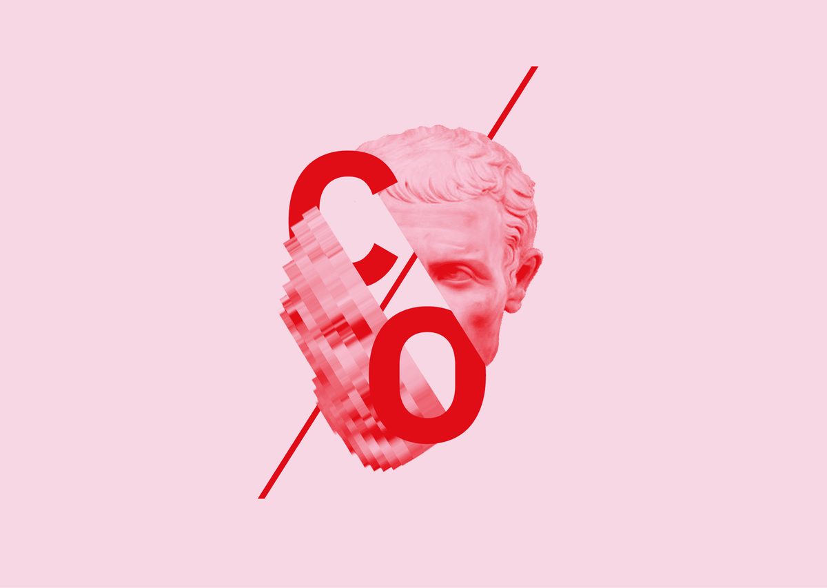Co-Exist poster: a red graphic device splitting a portrait across the letters C and O.