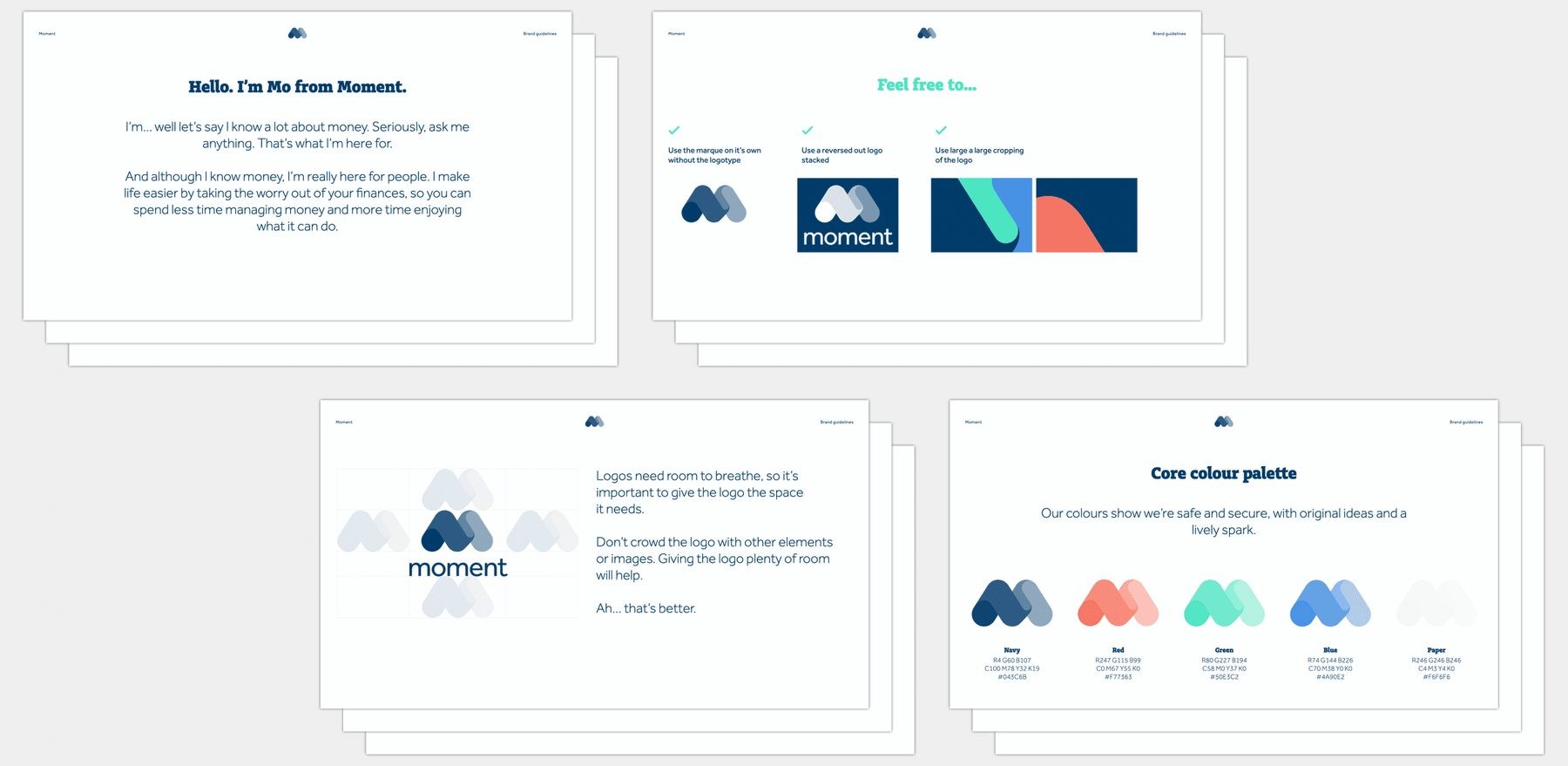 Moment brand guidelines: "Hello, I'm Mo from Moment," with the brand's core colour palette.