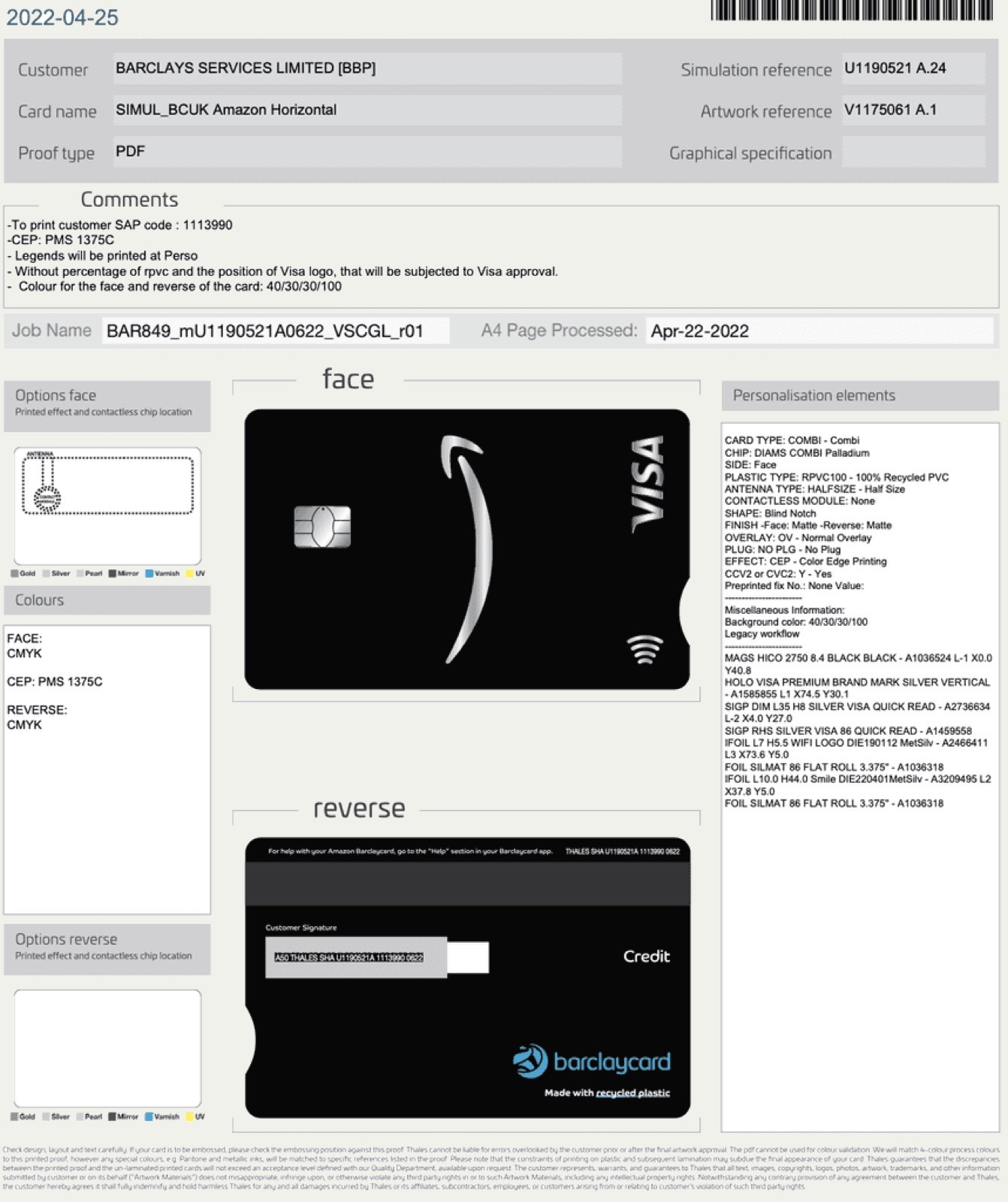 Finalised credit card design proof — back layout.