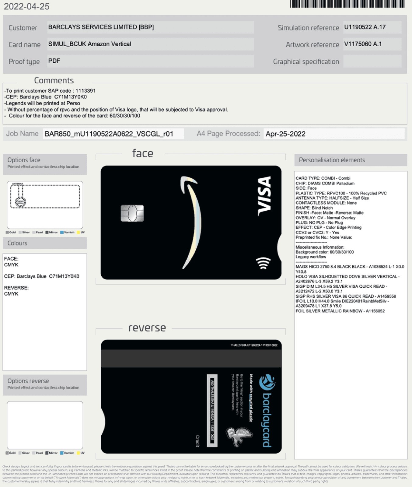 Finalised credit card design proof — front layout.