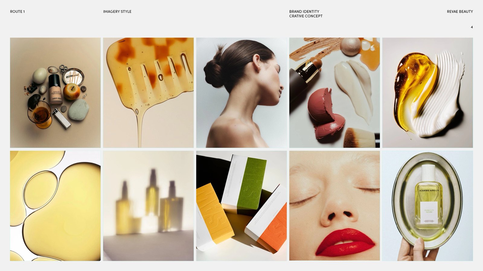 Imagery style: liquid gold, glass, petals and skin on a butter and green field.