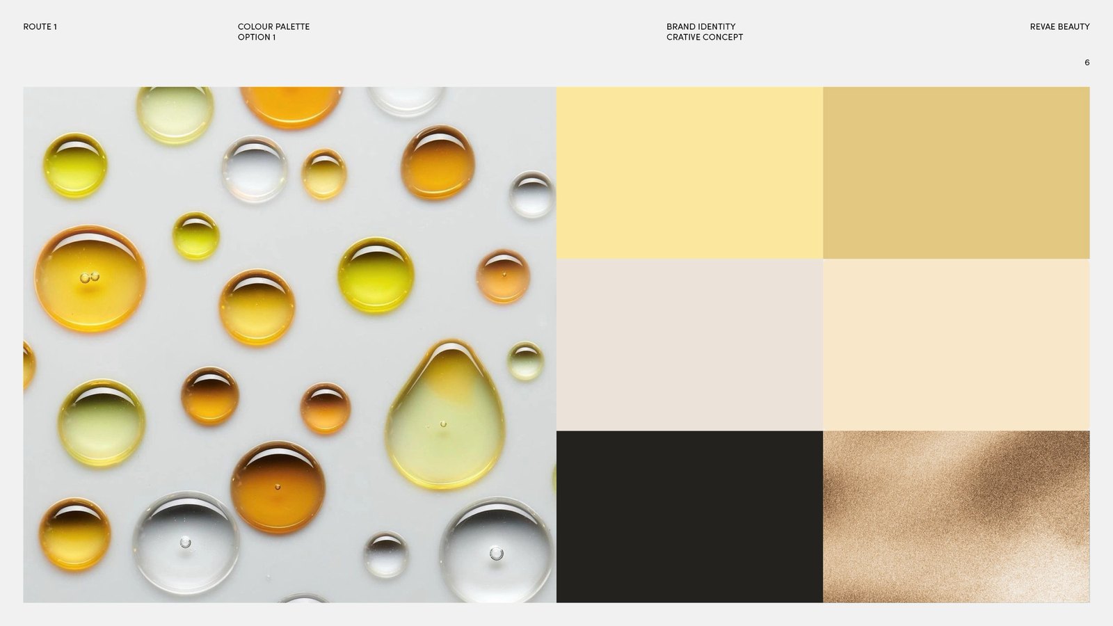 Colour palette, option 1: butter, gold, warm grey, cream, near-black and gold foil beside oil droplets.
