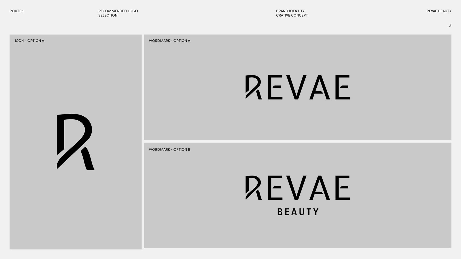 Recommended logo selection: the cut-stem R icon beside the REVAE and REVAE BEAUTY wordmarks.