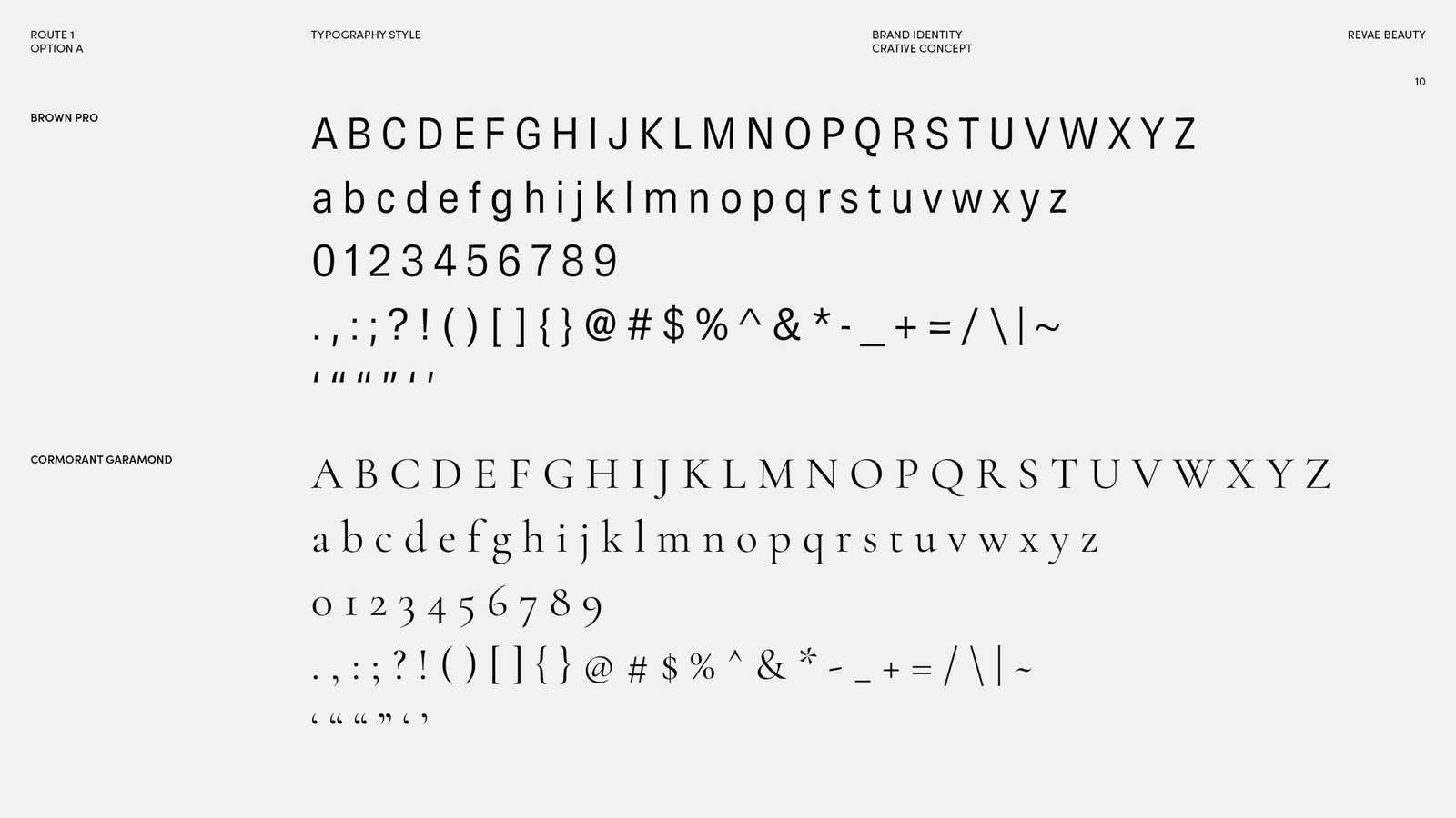 Typography, option A: Brown Pro and Cormorant Garamond specimen sheets.