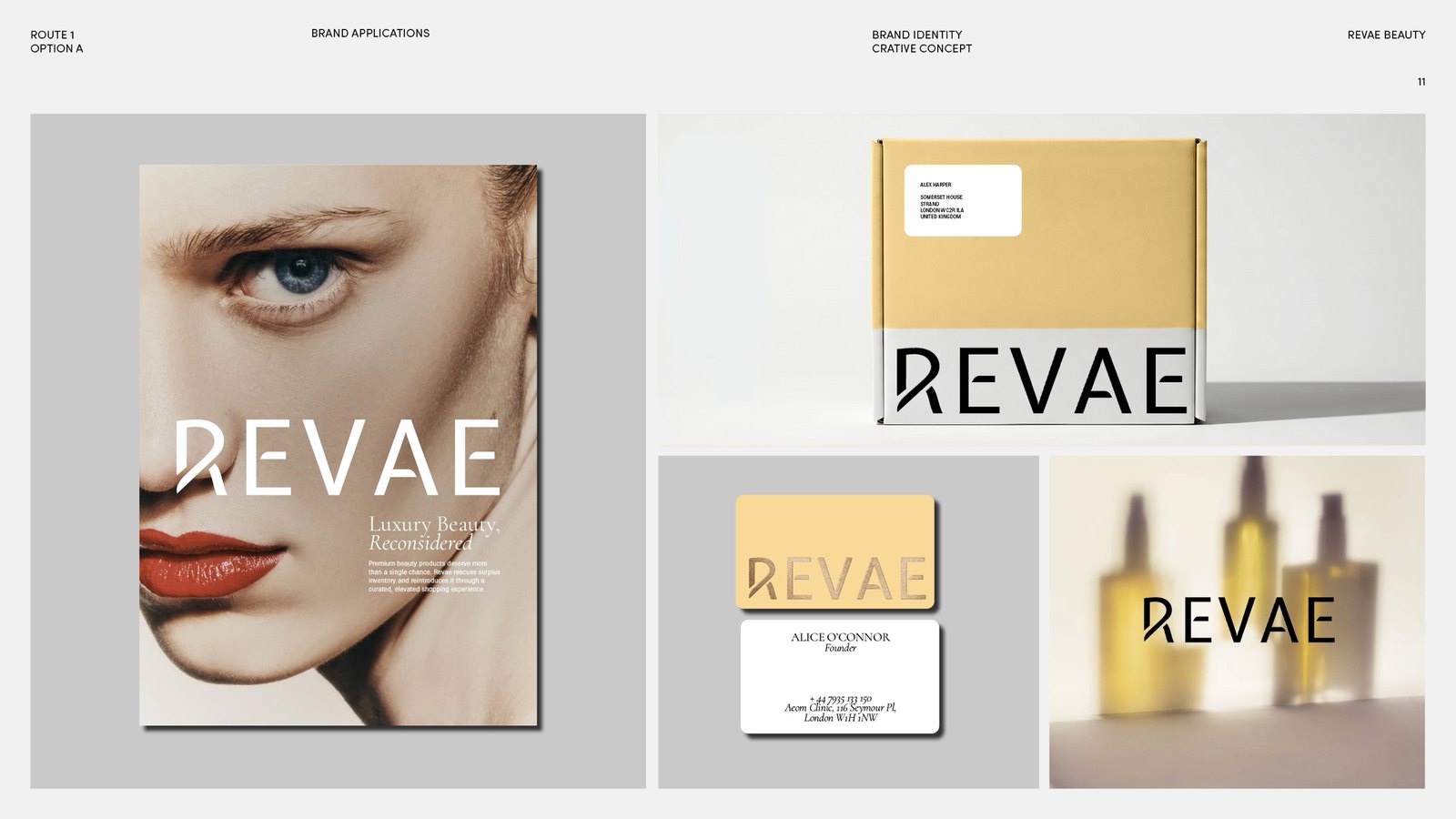 Brand applications: poster, mailer box, business cards and bottles.