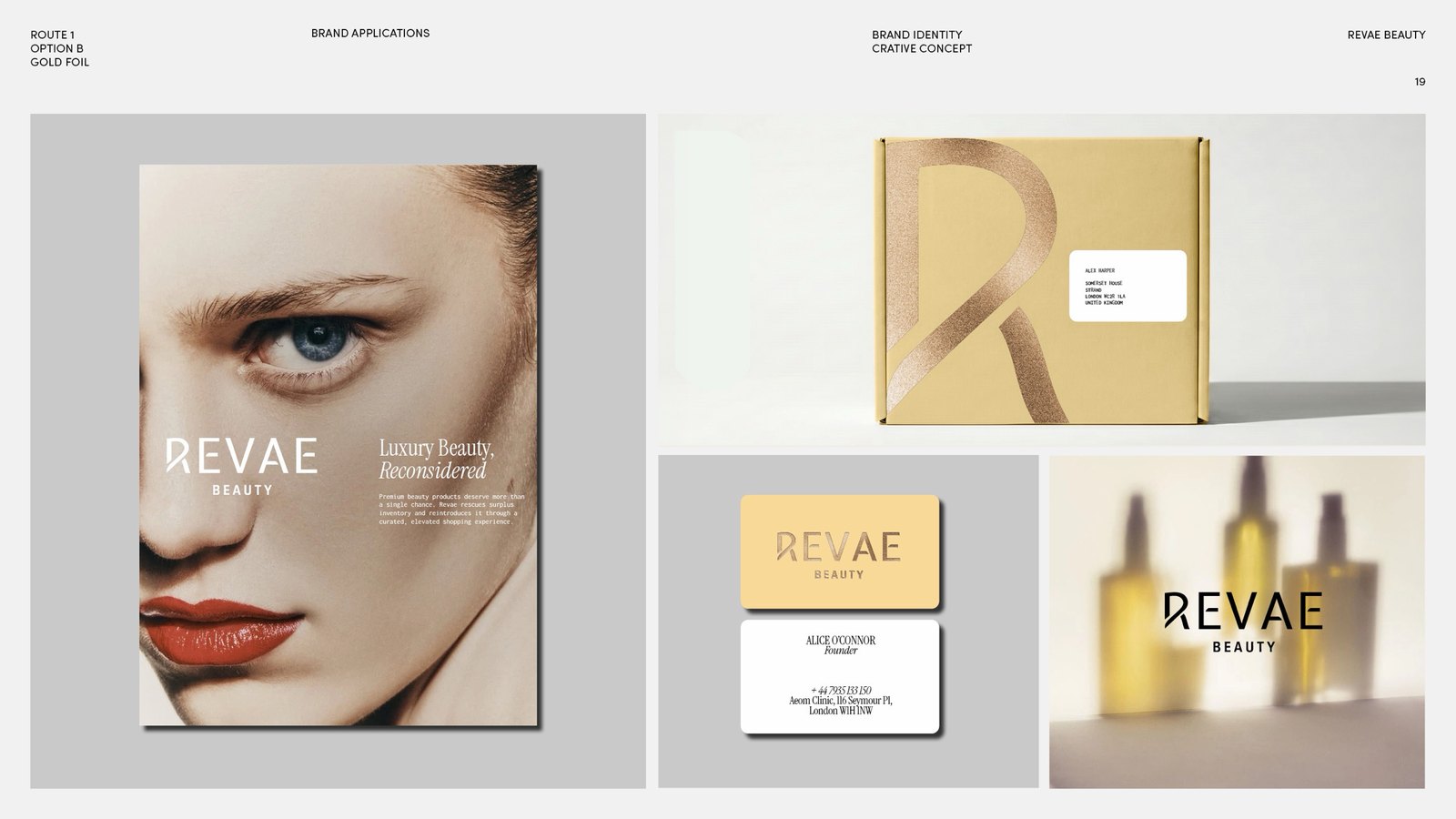 Applications in gold foil: poster, mailer box, business cards and bottles.