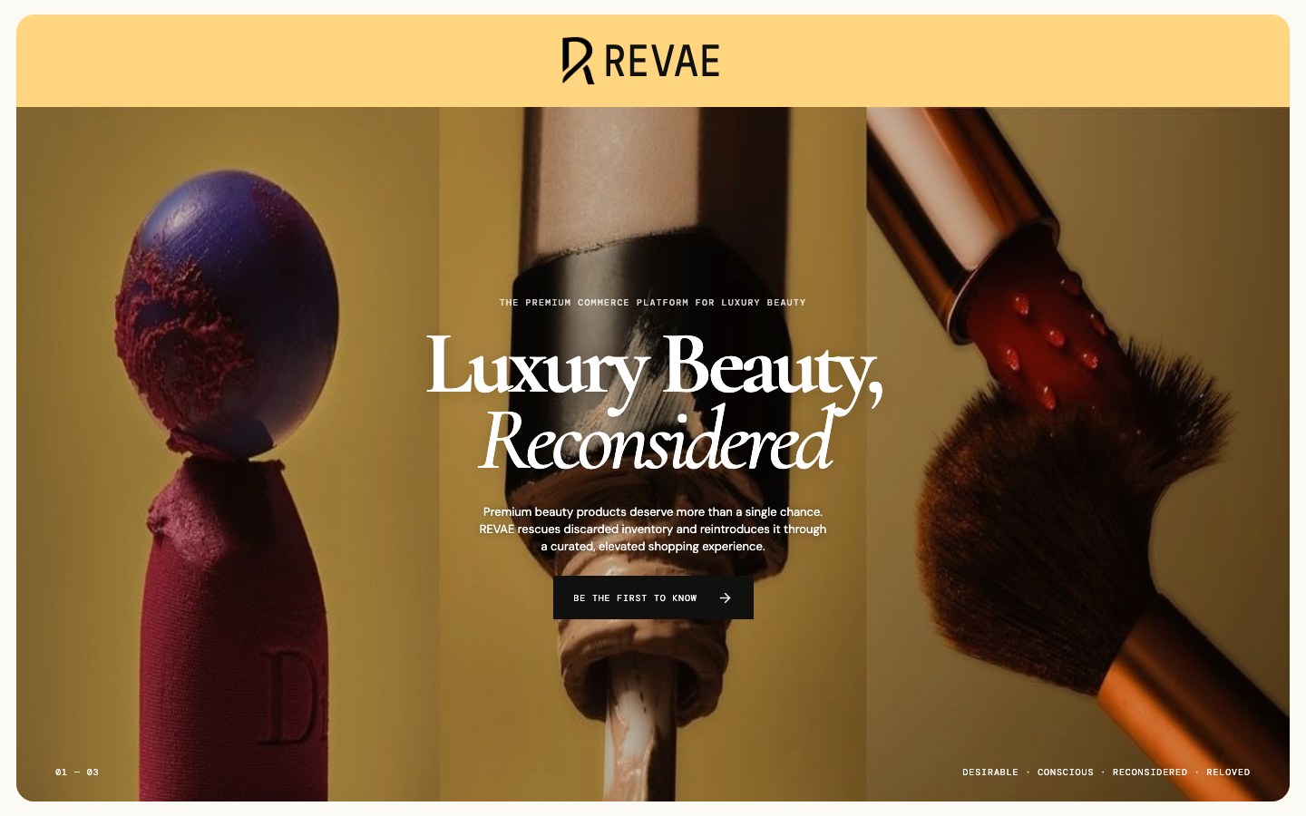 The launch-list page as it went live: butter header, three product close-ups, Luxury Beauty, Reconsidered.