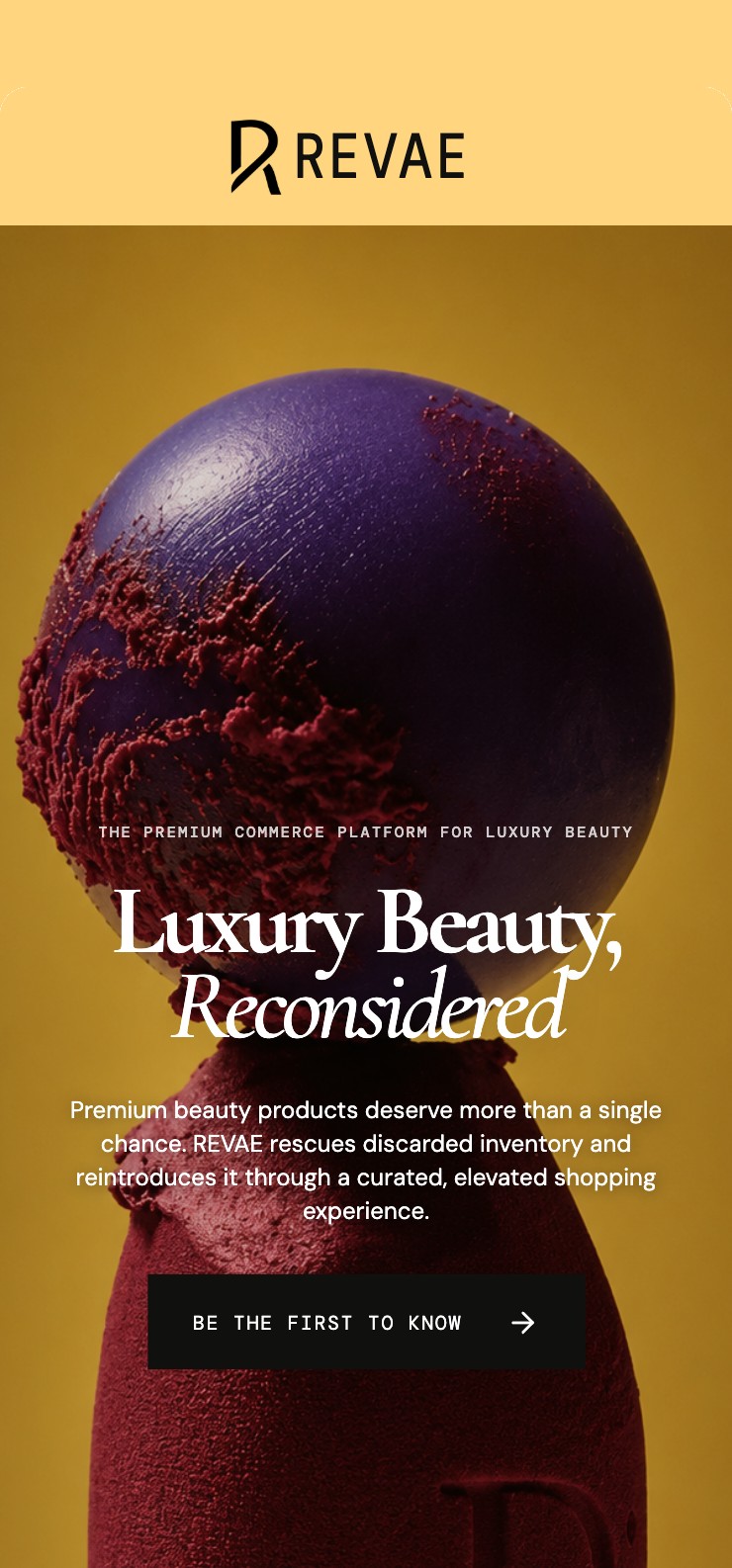 The Revae launch page on a phone: butter header with the icon and wordmark, then Luxury Beauty, Reconsidered over the product photography.
